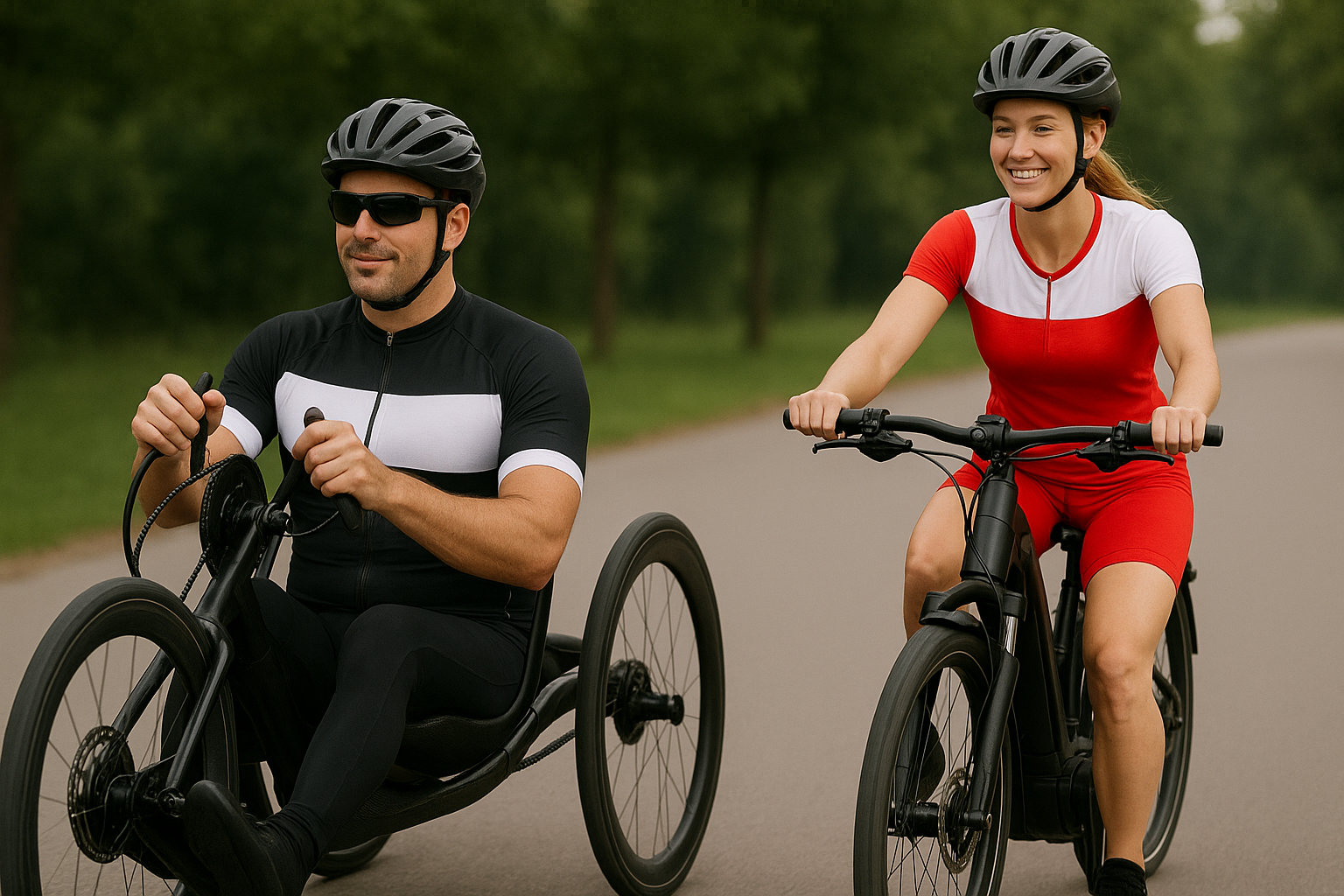Un uomo in handbike e una donna in sella ad una e-bike